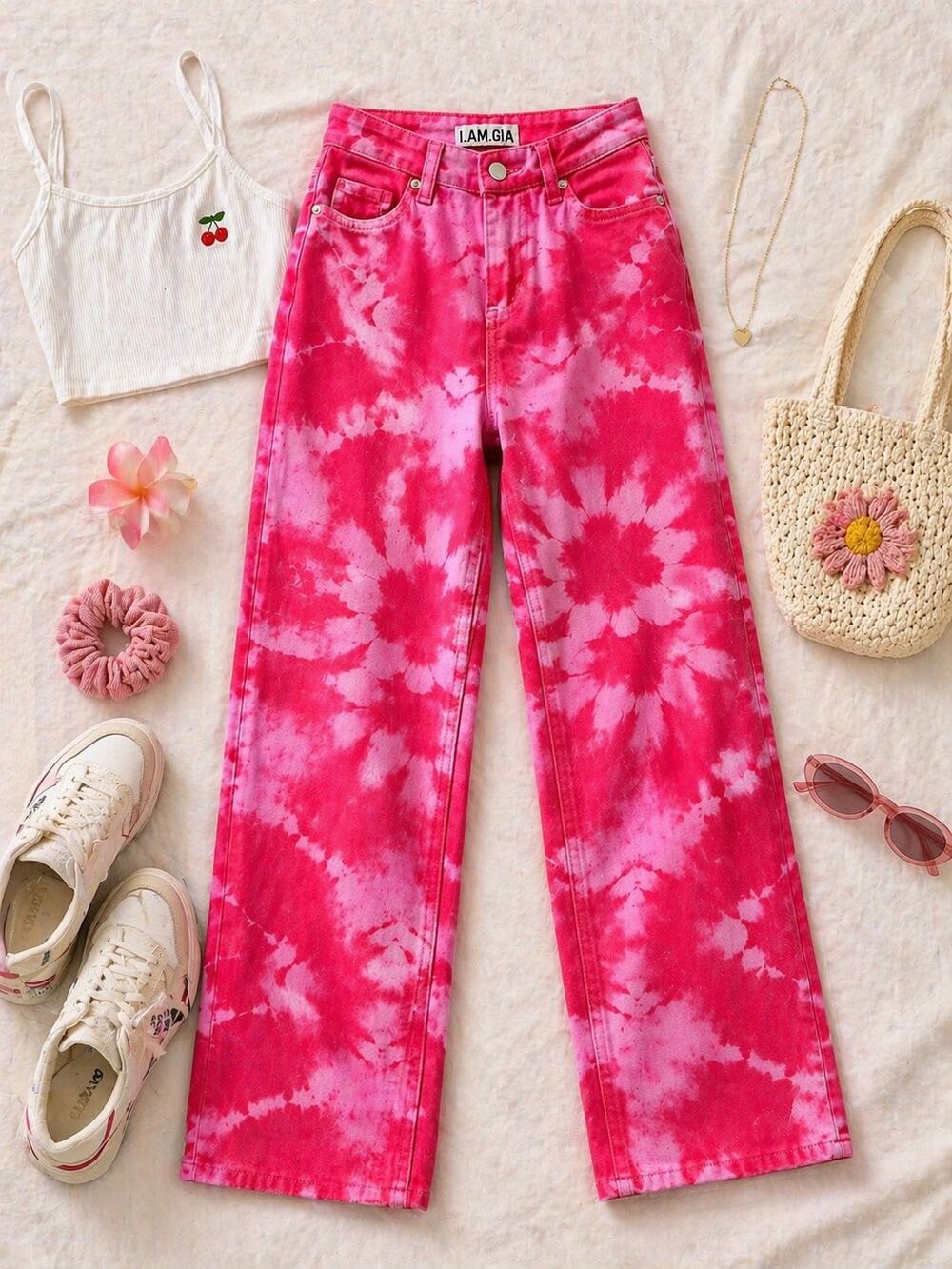 I.AM.GIA Women's Balin High Rise Straight Leg Jean Red Pink Tie Dye Size XS